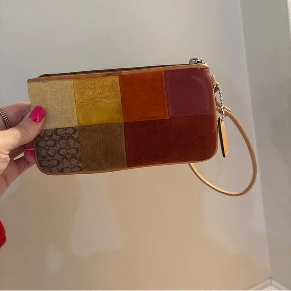 VINTAGE Coach Patchwork Suede Wristlet in Brown, Orange & Gold - Picture 4 of 15